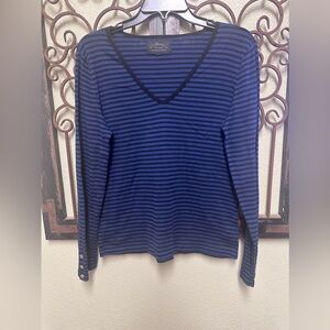 Lauren Ralph Lauren blue/black striped vneck snap button sleeve top